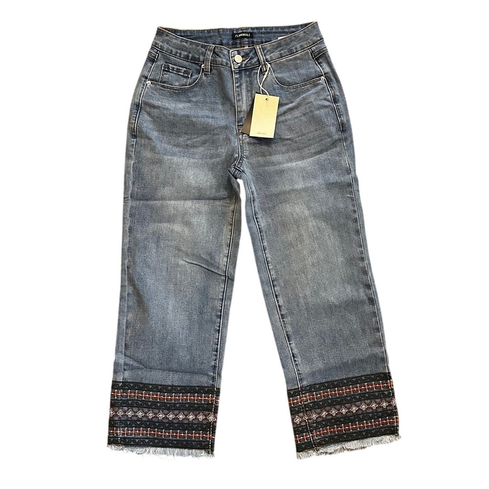 Flamingals Womens Embroidered Hem Straight Leg Jeans Blue Size M NEW